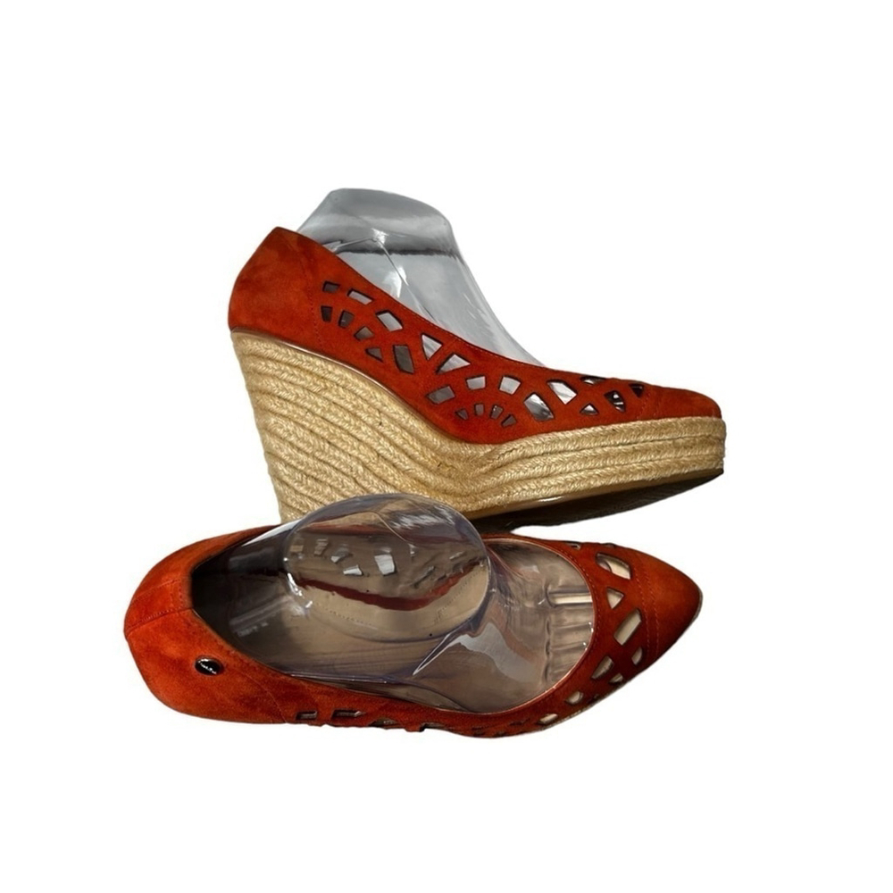 Calvin Klein Burnt Orange Viktoria Suede Espadrille Wedge Sandal Lasercut Size 9 - Picture 10 of 16
